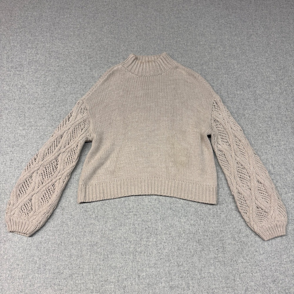 RD Style Mock Neck Sweater Medium Taupe Beige Cable Open Knit Crochet Sleeve
